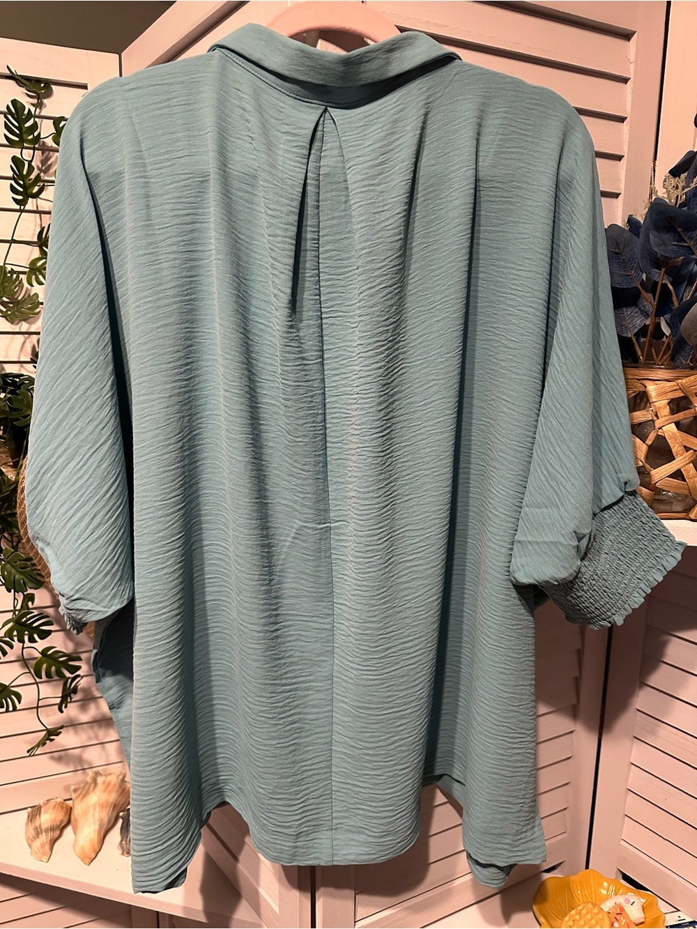 Zenana Light Teal Crinkle Blouse Smocked Cuffs Oversized Collared Top - Picture 4 of 5